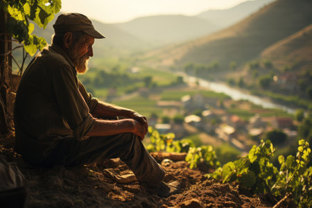 An old man sitting on a hill overlooking a vineyard, AIの素材