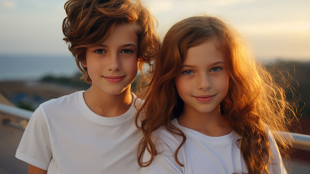 Two children posing for a photo on a balcony, AIの素材
