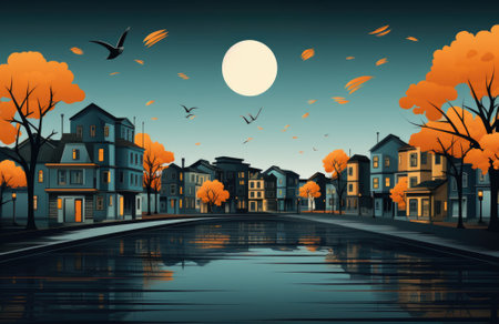 An illustration of a city at night with trees and a full moon, AIの素材