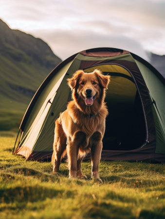 A dog standing in front of a tent, AIの素材