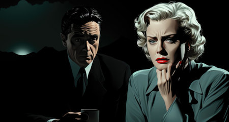 A man and woman sitting next to each other in a dark room, AIの素材