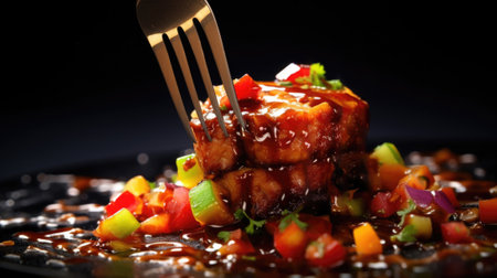 A fork is holding a piece of meat on a plate, AIの素材