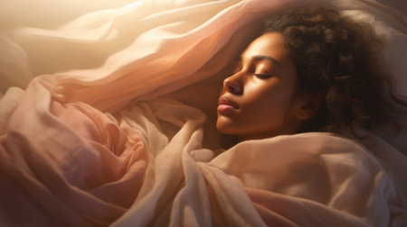 A woman is sleeping in bed with a blanket, AIの素材