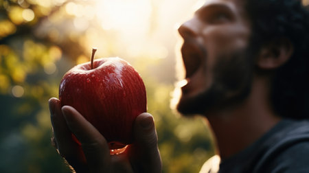 A man holding an apple in front of him and going to eat it, AIの素材