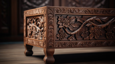 An ornate wooden chest with carved designs, AIの素材