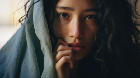 A woman with long curly hair is covered up, AIの素材