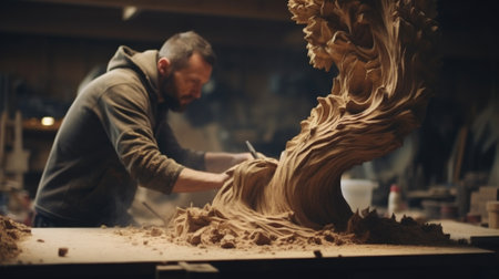 A man is working on a sculpture made out of wood, AIの素材