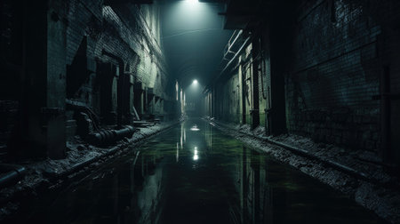 An alleyway is lit up by a street light, AIの素材