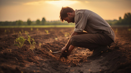 A man gardening kneeling in the dirt with a shovel, AIの素材