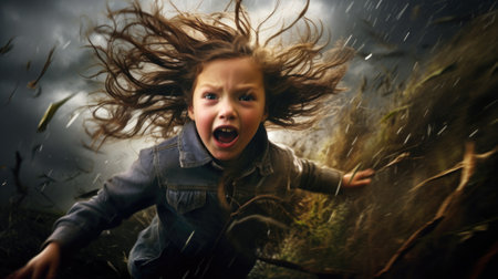 A little girl running through the extreme wind with her hair flying, AIの素材