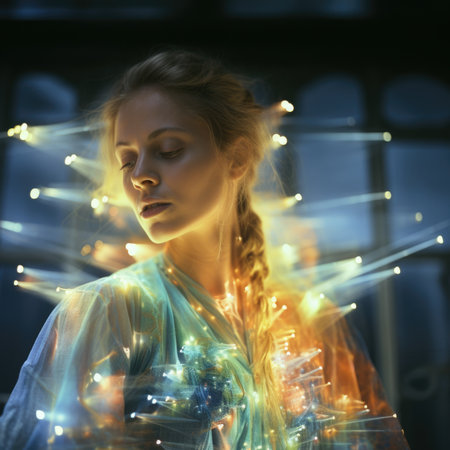 A woman with glowing lights in her hair, AIの素材