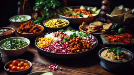 A table with many bowls of food on it, AIの素材