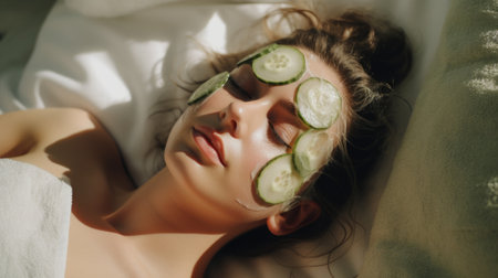 A woman laying on a bed with cucumber slices on her face, AIの素材