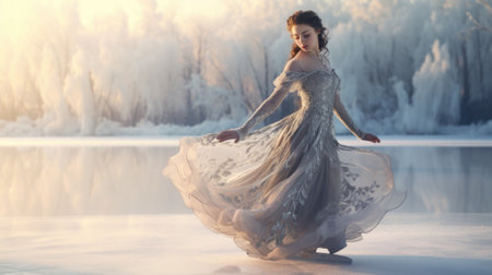 A beautiful woman in a long dress is walking on the frozen lake, AIの素材