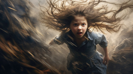 A girl with long hair running through an very strong wing, AIの素材