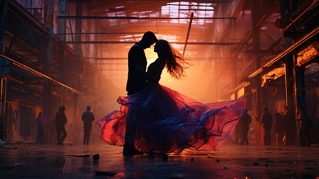 A man and woman in a red dress are standing in an industrial area, AIの素材