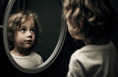 A little girl looking in a mirror, AIの素材
