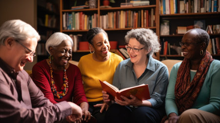 A group of older people sitting on a couch reading a book, AIの素材