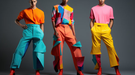 Three models wearing colorful pants and shirts, AIの素材
