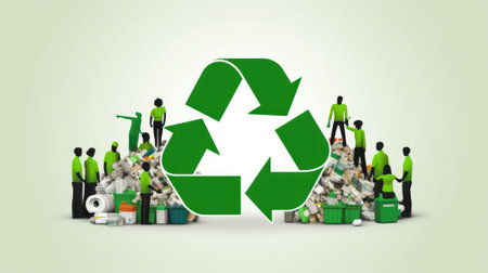 A group of people are standing around a recycling symbol, AIの素材