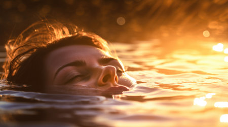 A woman is floating in the water with the sun shining, AIの素材