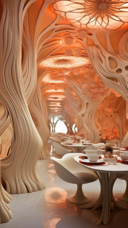 A restaurant with a tree like design, AIの素材