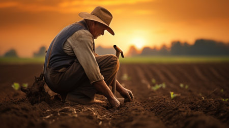 A man in a hat and hat is kneeling in a field, AIの素材
