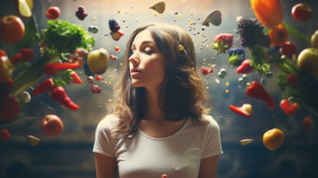 A woman is surrounded by fruit and vegetables, AIの素材