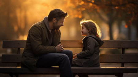 A man and a little girl sitting on a bench at sunset, AIの素材