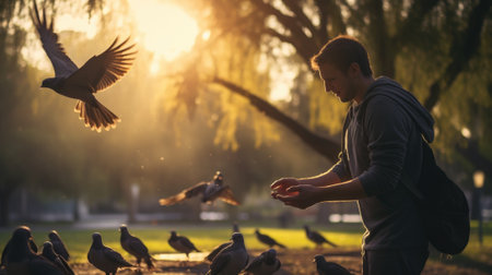 Man feeding pigeons in park at sunset, AIの素材
