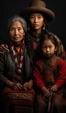 A woman and two children in traditional native clothing, AIの素材