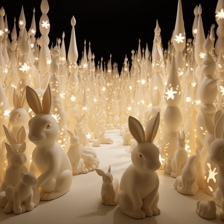 A group of white rabbits and other animals in a forest, AIの素材