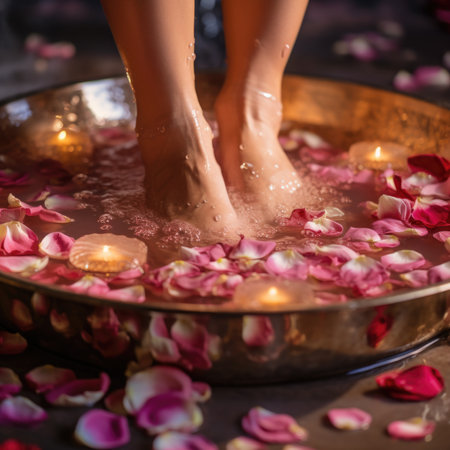 A womans feet in a bowl of rose petals and candles, AIの素材