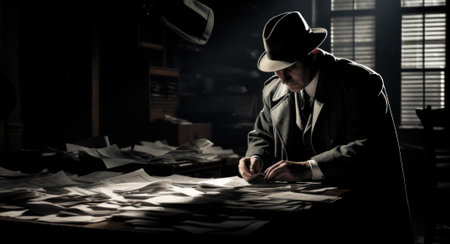 A man in a suit and hat is writing on papers, AIの素材