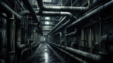 A long dark hallway with pipes and pipes, AIの素材
