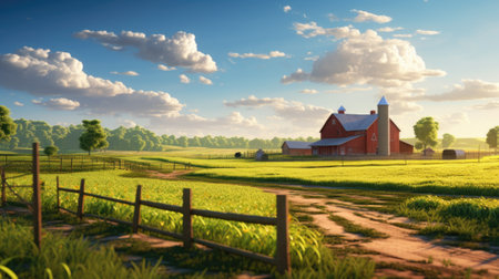 A farm scene with a red barn and fence, AIの素材