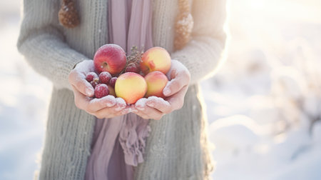 A woman holding snowy frozen apples from winter garden in her hands, AIの素材