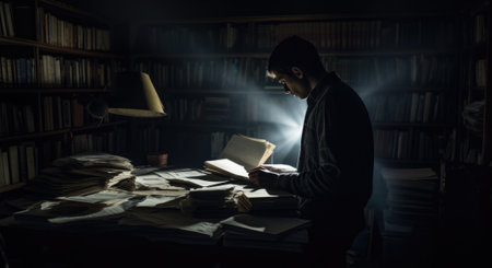 A man is reading in a dark room with a light shining on him, AIの素材