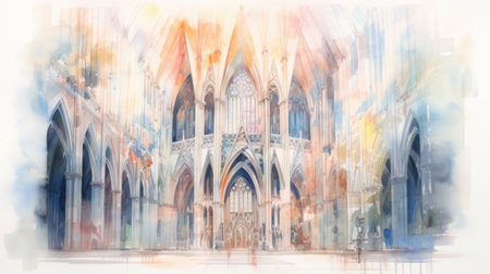 A painting of a cathedral with a large window, AIの素材