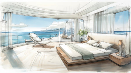 A sketch of a bedroom with a view of the ocean, AIの素材