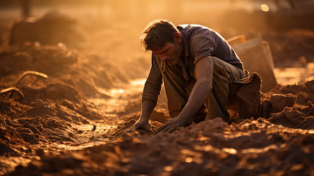 A man kneeling down in the dirt, AIの素材