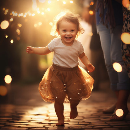 A little girl is running in the street with lights, AIの素材