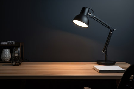 A desk lamp is on a table in front of a black wall, AIの素材