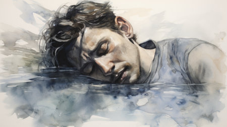 A watercolor painting of a man sleeping in the water, AIの素材