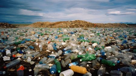 A large pile of plastic bottles in the middle of a field, AIの素材