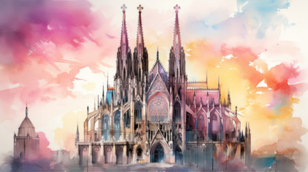 An artistic painting of a large cathedral with spires, AIの素材
