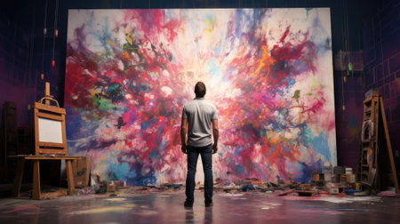 A man standing in front of a large painting, AIの素材
