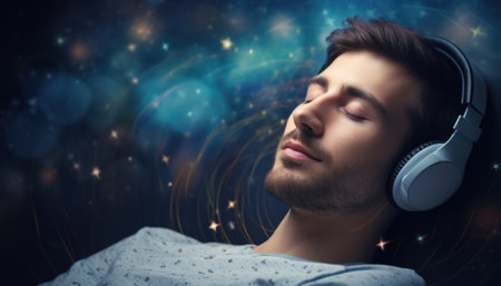 A man is sleeping with headphones on his head, AIの素材