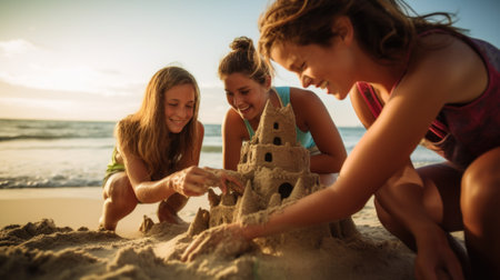 Three young girls building a sand castle on the beach, AIの素材