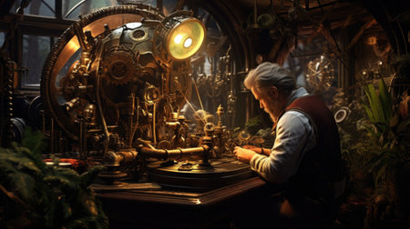 The man is working on a clock in a room with plants, AIの素材